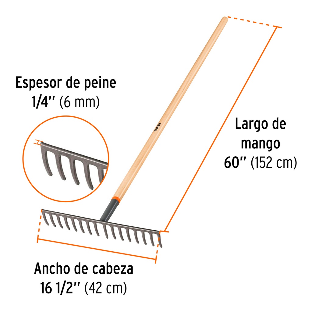 RASTRILLO RECTO DE 16 DIENTES, MANGO DE 60', TRUPER 2