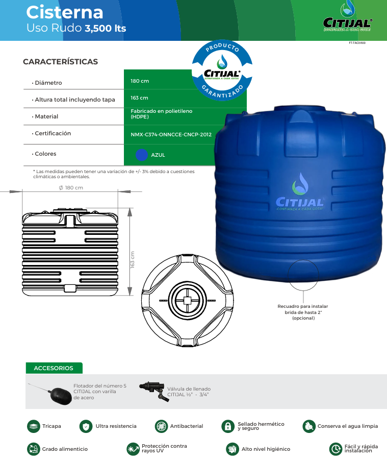 CISTERNA CITIJAL 3500 LTS USO RUDO AZUL REY*