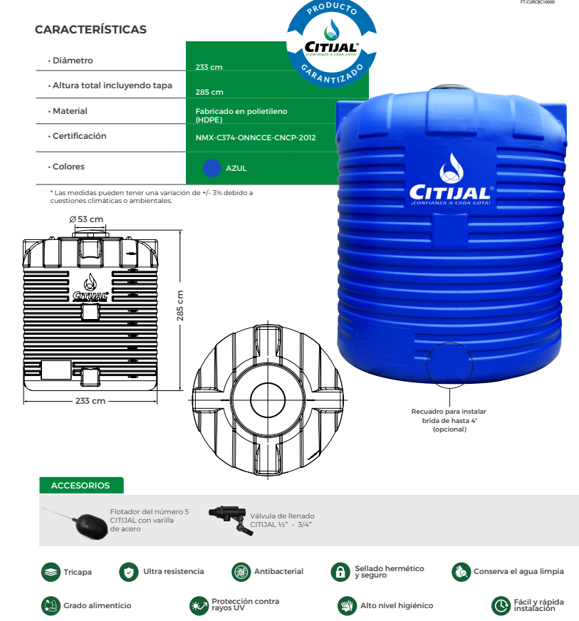 CISTERNA CITIJAL VERTICAL USO RUDO AZUL REY 10,000 Lts*
