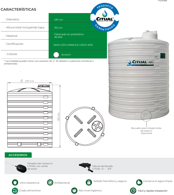 CISTERNA CITIJAL 10,000 LTS BLANCA