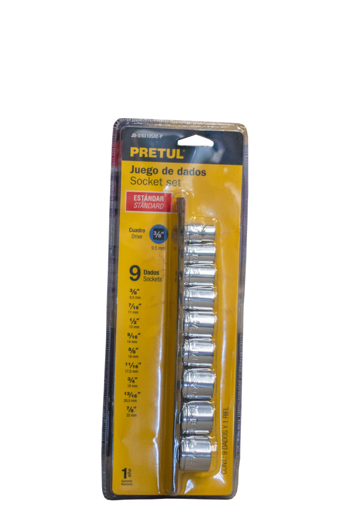 JUEGO DE 9 DADOS CUADRO 3/8' STD, PRETUL