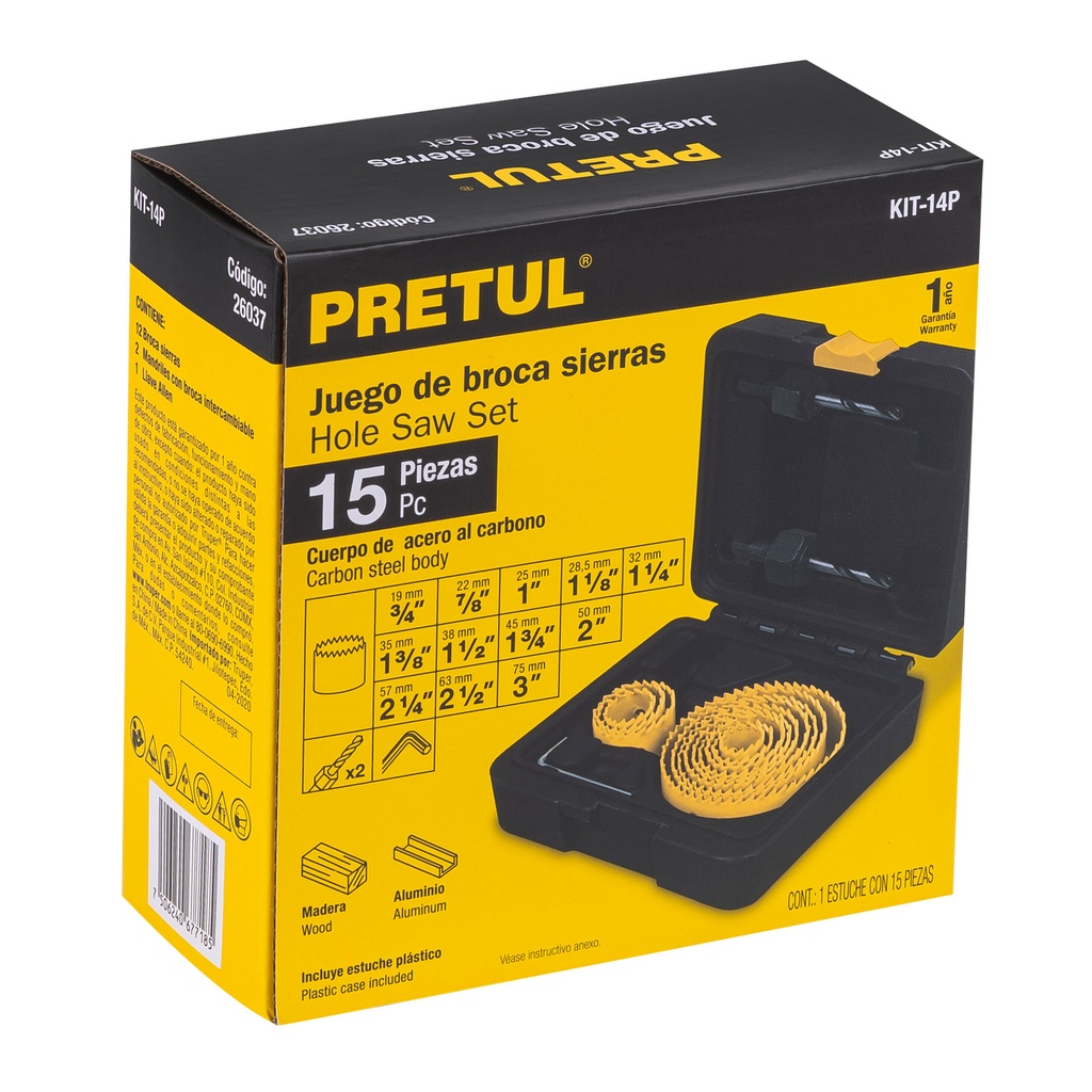 JUEGO DE 12 BROCASIERRAS, 2 MANDRILES Y LLAVE ALLEN, PRETUL TRU-18083