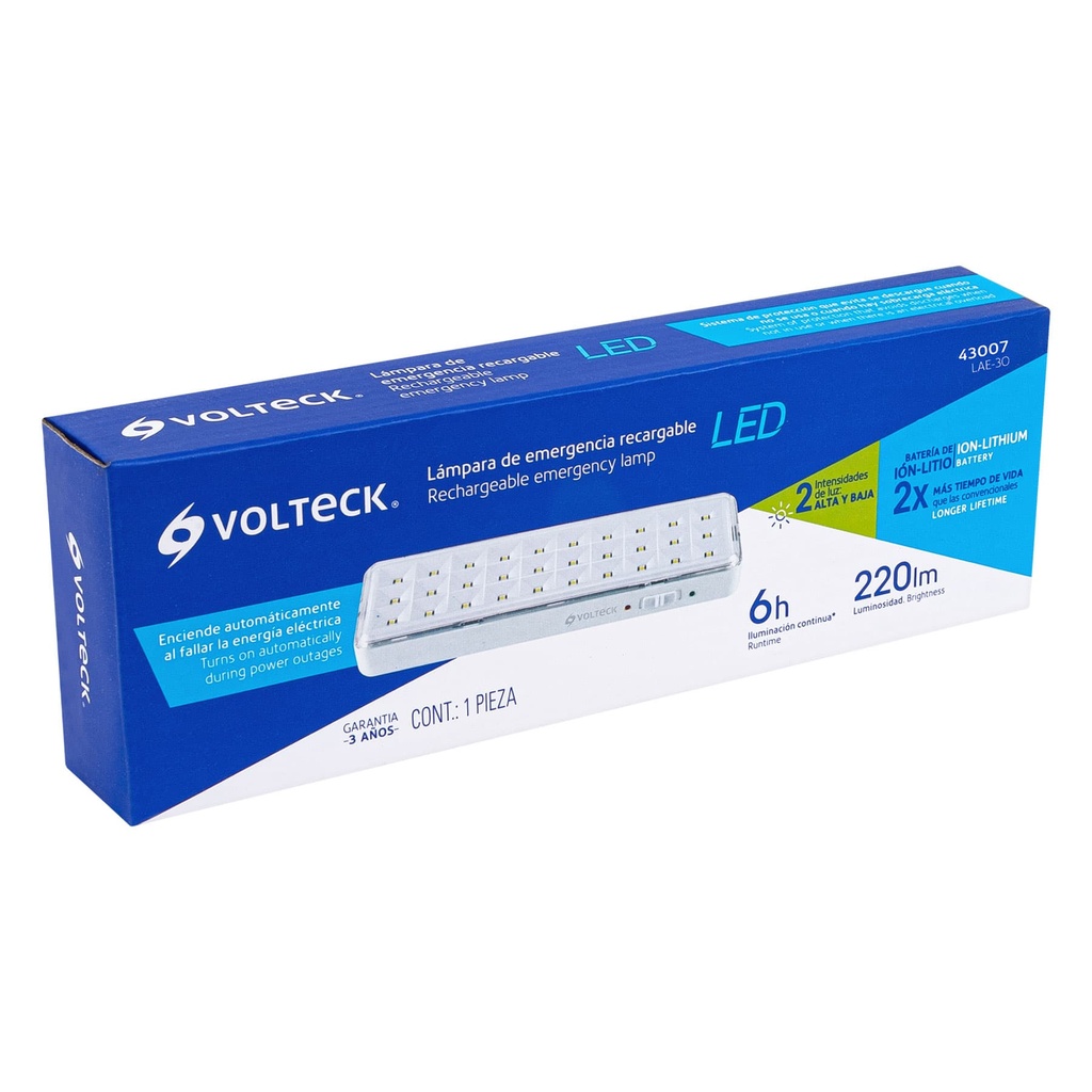LÁMPARA DE EMERGENCIA DE 30 LEDS, 220 LM RECARGABLE, VOLTECK