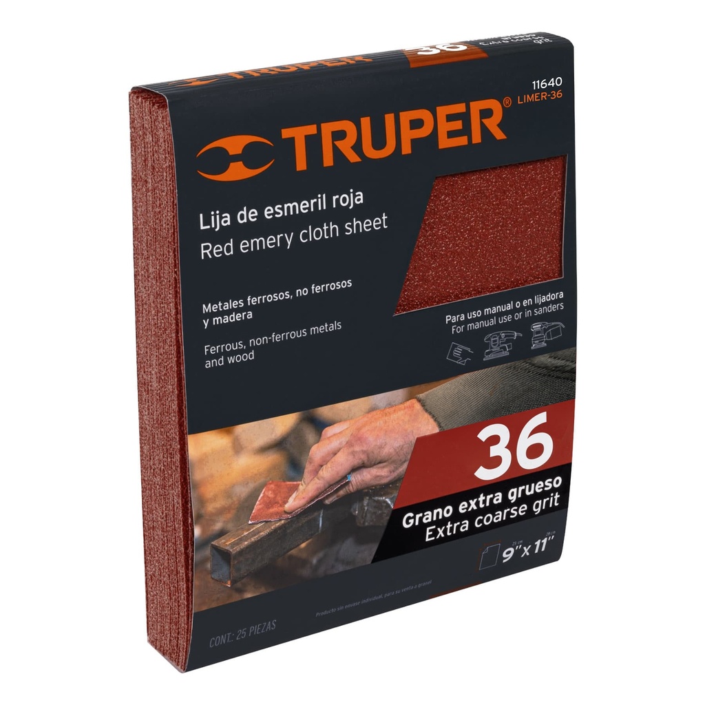 LIJA DE ESMERIL ROJA GRANO 36 DE ÓXIDO DE ALUMINIO, TRUPER