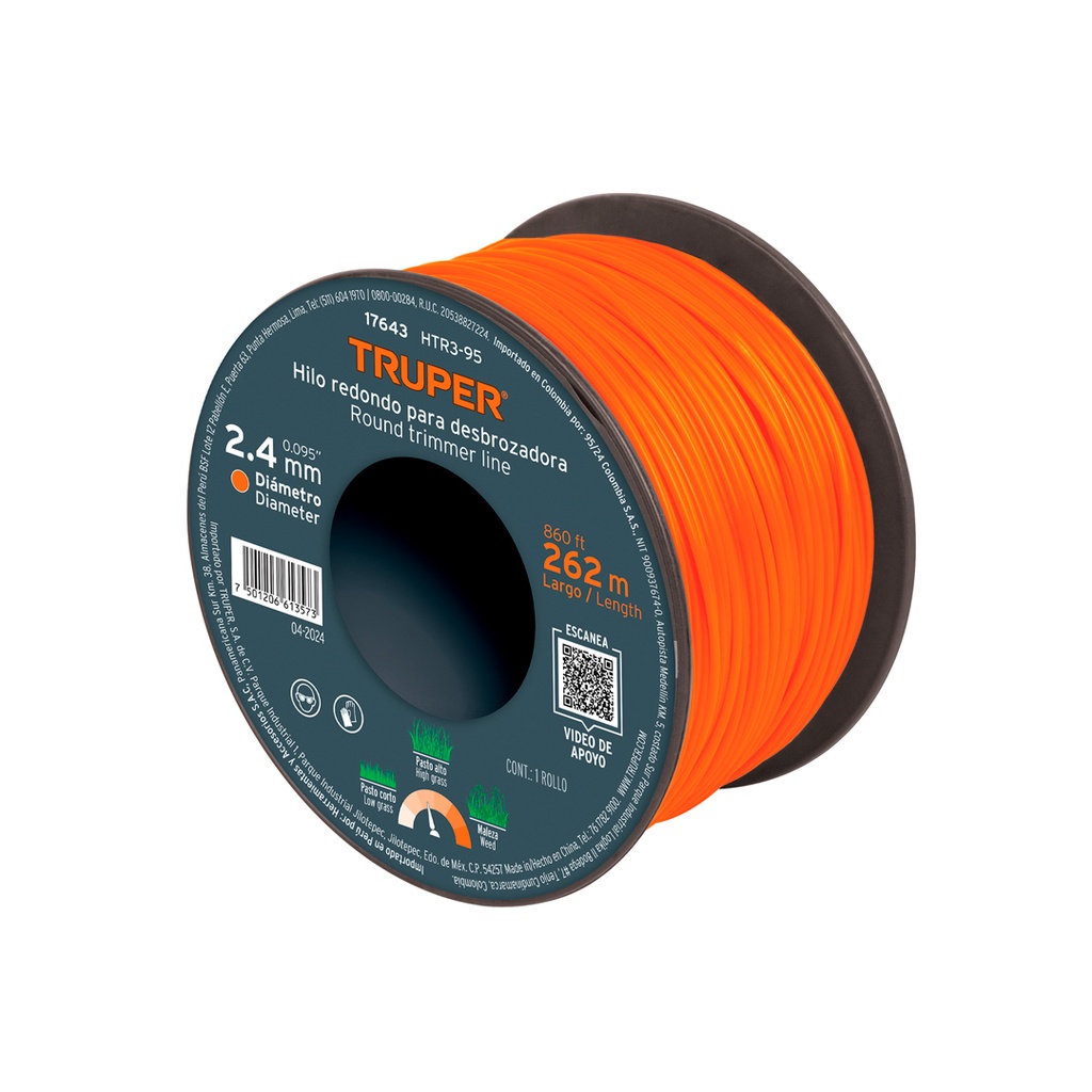 HILO REDONDO, PARA DESBROZADORA, 2.4MM X 262M,CARRETE,TRUPER*