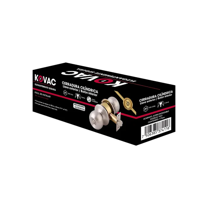 [KOV-PC01] CERRADURA KOVAC PERILLA CILINDRICA C/LLAVES ACERO INOX CAJA