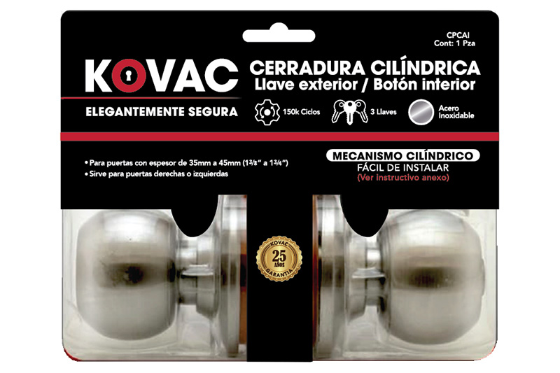 CERRADURA KOVAC PERILLA CILINDRICA C/LLAVES ACERO INOX