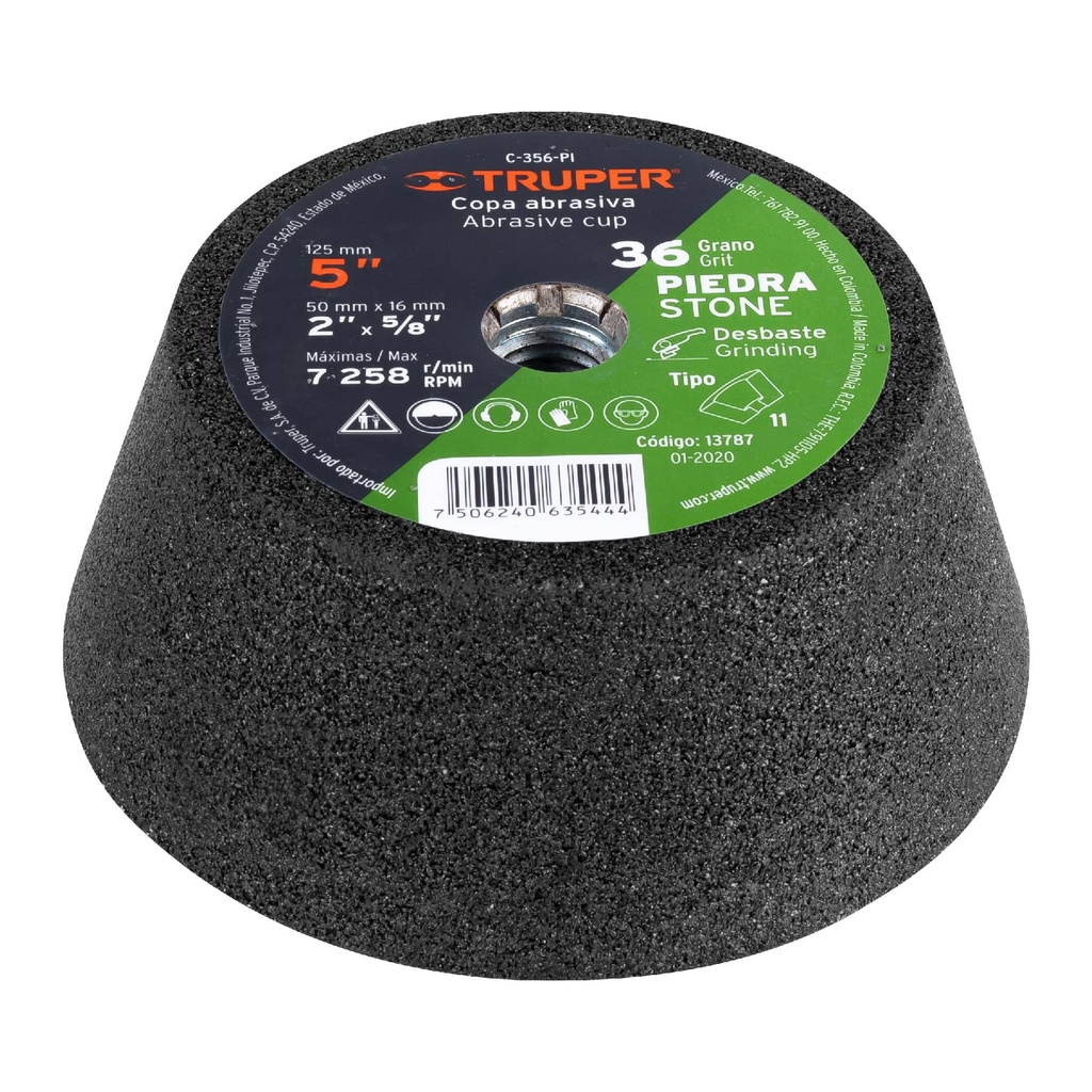 COPA DESBASTE DE PIEDRA 5' GRANO 36, EJE 5/8-11, TRUPER