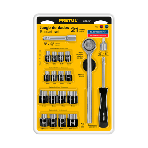 [TRU-21162] JUEGO DE 21 HERRAMIENTAS 1/4' Y 3/8' PARA MECÁNICO, PRETUL
