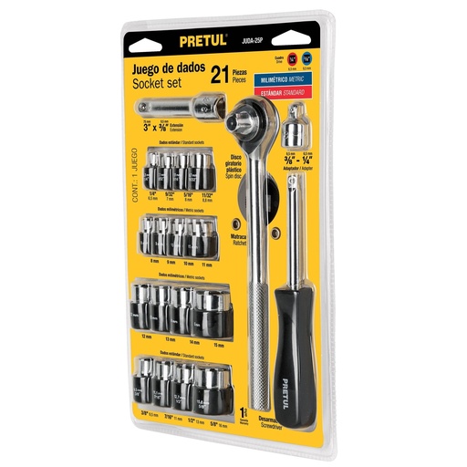 [TRU-21162] JUEGO DE 21 HERRAMIENTAS 1/4' Y 3/8' PARA MECÁNICO, PRETUL