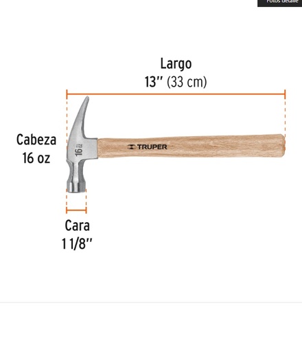 [TRU-16754] MARTILLO PULIDO, 16 OZ, UÑA RECTA, MANGO MADERA, TRUPER