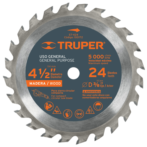 [TRU-100172] DISCO SIERRA 4-1/2' PARA MADERA, 24 DIENTES CENTRO 3/8'