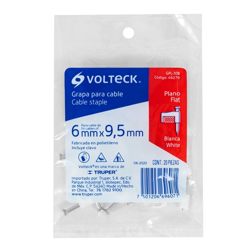 [TRU-48279] BOLSA CON 20 GRAPAS BLANCAS DE 6 X 9.5 MM PARA CABLE PLANO